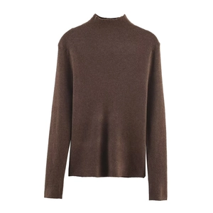 Women's dark brown mock neck knitted sweater with vertical ribbed texture on white background