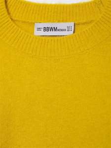 Close-up of vibrant yellow knit sweater featuring a round neckline and brand size label