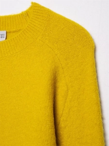 Close-up of bright yellow knit sweater collar showing soft fuzzy texture and fine stitching