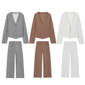 Women Ribbed Knit Cardigan And Wide Leg Pants V Neck Long Sleeve Button Down Solid Color Casual Streetwear Lounge Outfits