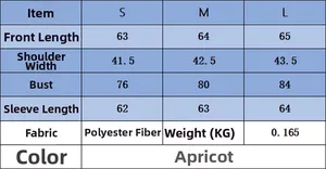 Size chart for women's apricot knit top showing length, bust, and shoulder specs