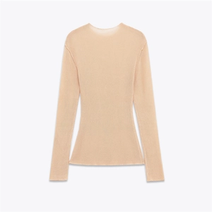 Elegant beige slim fit mock neck long sleeve knitted top for women with fine texture