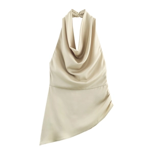 Top Halter In Satin Donna Scollo A Cappuccio Orlo Asimmetrico Senza Maniche Sexy Schiena Scoperta Elegante