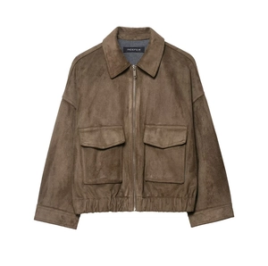 Damen Retro Wildlederimitat Jacke Vintage Locker Revers Reißverschluss Bombermantel Mit Pattentaschen Herbst Winter Casual Outerwear