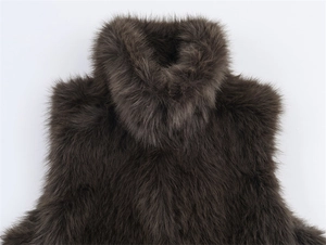Macro detail of high collar and soft dark brown faux fur texture on the vest