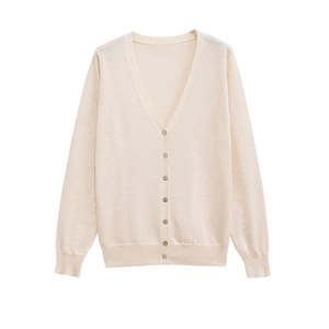 Minimalistische Strickjacke mit V-Ausschnitt in Creme-Beige und Knopfverschluss für Damen