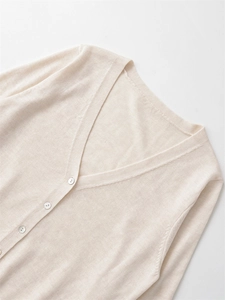 Detail eines cremefarbenen Strick-Cardigans mit V-Ausschnitt und Knöpfen in Perloptik