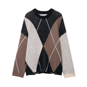 Damen-Strickpullover mit Rundhalsausschnitt und klassischem Rautenmuster in Braun