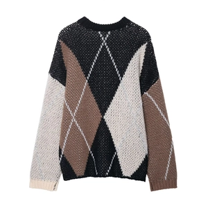 Klassischer Argyle-Strickpullover mit Rundhalsausschnitt in Schwarz und Braun
