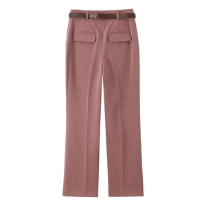 Pantaloni a vita alta da donna rosa antico con elegante cintura in pelle marrone