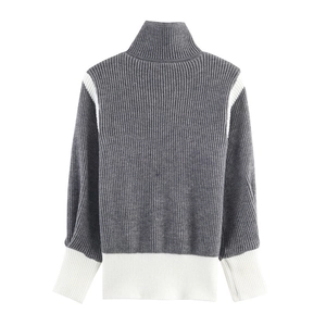 Cardigan in maglia a costine con collo alto e design a blocchi di colore grigio e bianco