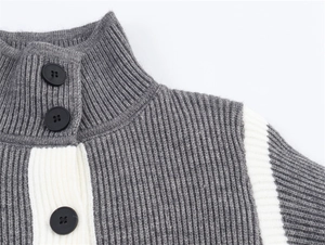 Dettaglio del cardigan in maglia bicolore con collo alto e bottoni neri decorativi