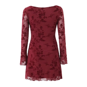 Close-up of wine red long sleeve dress featuring vintage floral flocked mesh texture