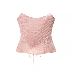 Women Sexy Satin Fishbone Corset Tube Top Lace Up Strapless Body Shaping Pink Party Streetwear Solid Color Slim Fit Top