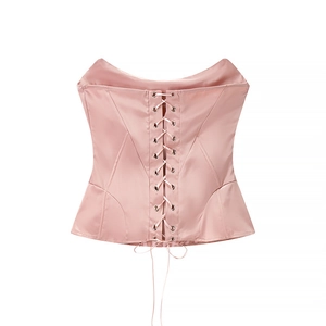 Pink satin boned corset top with front lace-up detail and strapless slimming silhouette