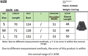 Size chart table for short knitted cardigan with scarf collar showing S M L dimensions