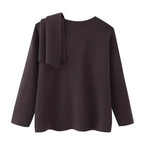 Coffee brown knitted sweater with integrated scarf design and a round neckline