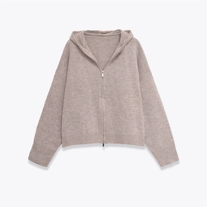 Women's autumn casual hooded knit cardigan with zipper in light oatmeal solid color