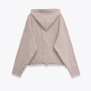Minimalist oatmeal hooded knit cardigan for women with long sleeves and ribbed cuffs