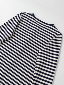 Detail view of navy blue and white striped knit cardigan with premium fabric texture