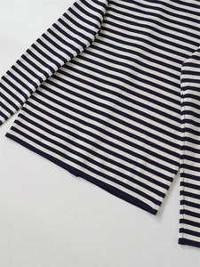 Close-up of classic navy and white horizontal stripes on high-quality knit cardigan