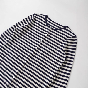 Classic navy and cream striped knit cardigan for women with round neck and white buttons