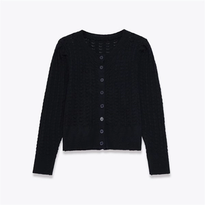 Gilet en maille noire à manches longues pour femme avec texture ajourée et col rond