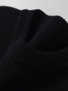 Detailed close-up of the ribbed crew neck on this high-quality black knitted sweater