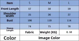 Detailed size chart for hooded knit cardigan showing measurements for S, M, and L sizes