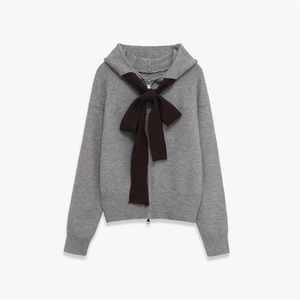 Women Casual Grey Knitted Hooded Cardigan Zip Up Sweater With Brown Bow Decoration Ribbed Cuff Warm Soft Autumn Jacket