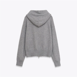 Chic grey knitted zip-up hoodie with rib-knit cuffs and large hood on white background