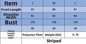 Size chart showing S to L dimensions for a striped loose long-sleeved knit sweater