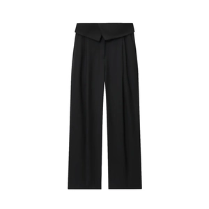 Pantaloni neri a gamba larga a vita alta da donna con dettaglio in vita e pieghe frontali