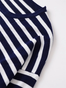 Détail d'un pull en maille rayé bleu et blanc montrant le col rond et les coutures d'épaule