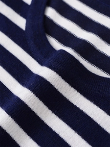 Gros plan sur la maille rayée bleu marine et blanc de haute qualité d'un pull en coton