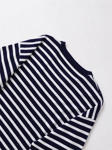 Détail macro du col rond et du tissu en maille rayé bleu et blanc de haute qualité
