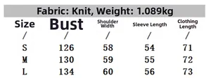Size chart for women's knit sweater detailing chest, shoulder, and sleeve measurements