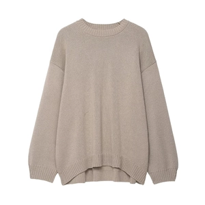 Women Round Neck Long Sleeve Knit Sweater Loose Fit Drop Shoulder Casual Pullover Ribbed Cuffs Side Slits Knitwear Top