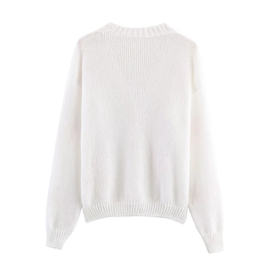 Weiße Langarm-Strickjacke für Damen mit süßer Erdbeernadel und gerippten Abschlüssen