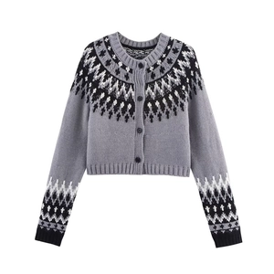 Women's autumn grey Fair Isle cropped knit cardigan with vintage jacquard patterns