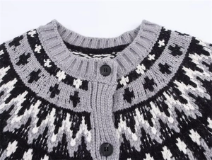 Detail of Fair Isle jacquard knit cardigan with ribbed crew neck and black round buttons