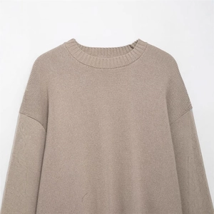 Women's crew neck knit sweater in taupe, loose fit with drop shoulder and ribbed collar