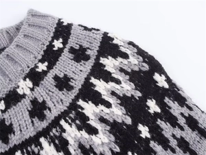 Detail of Fair Isle pattern knitwear with ribbed crew neck and textured jacquard weave