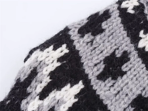 Macro shot of the geometric jacquard knit texture on a soft oversized cardigan