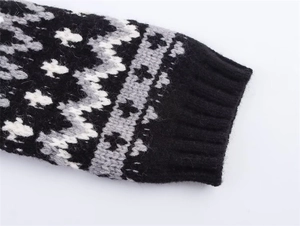 Detail shot of winter knit cardigan cuff with grey geometric jacquard and ribbed finish