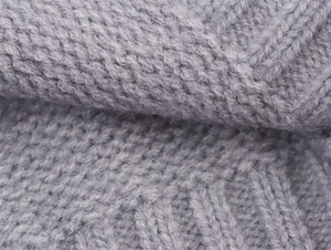 Detailed macro shot showing the complex thick knit texture of the gray cardigan fabric