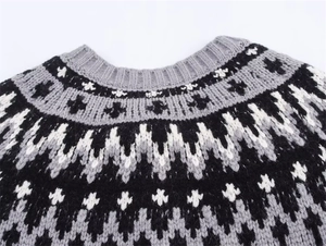 Close-up of Fair Isle jacquard patterns and ribbed crew neck on autumn knit cardigan