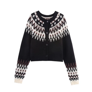 Women's black knit cardigan with vintage Fair Isle jacquard patterns and round neck