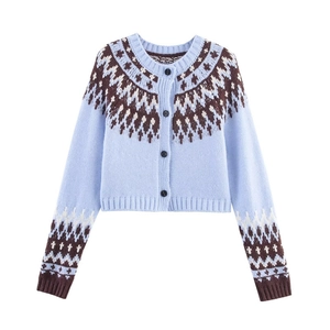 Sky blue knit cardigan featuring Fair Isle geometric patterns and retro button closure