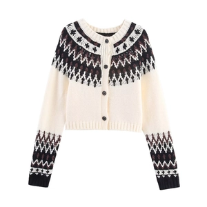 Women's knit cardigan in cream with Fair Isle geometric patterns and black buttons